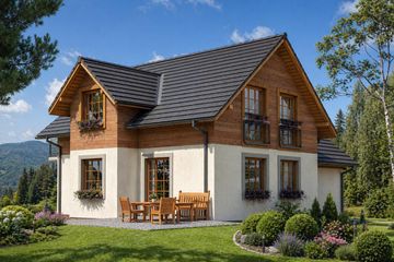 Projekt domu A-147 Dom sowia - szkieletowy - parterowy z poddaszem dom o powierzchni 140,50 m², dach dwuspadowy - ujęcie 3