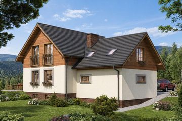 Projekt domu A-147 Dom sowia - szkieletowy - parterowy z poddaszem dom o powierzchni 140,50 m², dach dwuspadowy - ujęcie 4