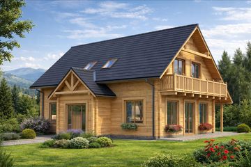 Projekt domu A-145 Dom miodowa - z bali - parterowy z poddaszem dom o powierzchni 133,10 m², dach dwuspadowy, koszt budowy 372 400 zł - ujęcie frontu
