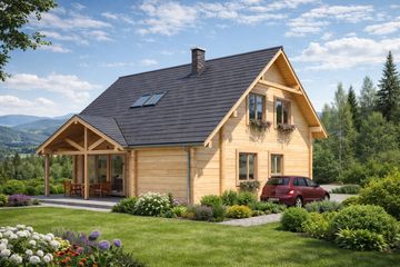 Projekt domu A-145 Dom miodowa - z bali - parterowy z poddaszem dom o powierzchni 133,10 m², dach dwuspadowy - ujęcie 2