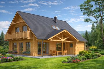 Projekt domu A-145 Dom miodowa - z bali - parterowy z poddaszem dom o powierzchni 133,10 m², dach dwuspadowy - ujęcie 3