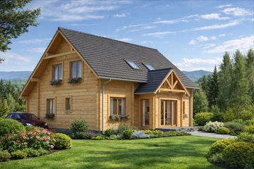 Projekt domu A-145 Dom miodowa - z bali - parterowy z poddaszem dom o powierzchni 133,10 m², dach dwuspadowy - ujęcie 4