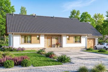 Projekt domu Mokka 7 - parterowy dom o powierzchni 117,71 m², dach dwuspadowy, koszt budowy 349 000 zł - ujęcie frontu
