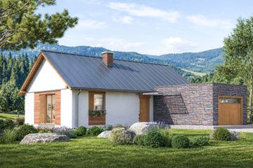 Projekt domu A-140 Dom sarnia - szkieletowy - parterowy dom o powierzchni 89,80 m², dach dwuspadowy, koszt budowy 268 800 zł - ujęcie frontu