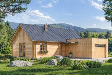 Projekt domu A-140 Dom sarnia - z bali - parterowy dom o powierzchni 87 m², dach dwuspadowy, koszt budowy 308 000 zł - ujęcie frontu