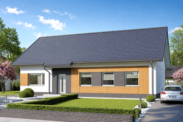 Projekt domu Domena 103 - parterowy dom o powierzchni 126,69 m², dach dwuspadowy, koszt budowy 377 000 zł - ujęcie frontu
