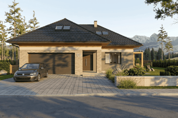 Projekt domu Alaris II G2 - parterowy z poddaszem dom o powierzchni 123,88 m², dach wielospadowy, koszt budowy 339 000 zł - ujęcie frontu
