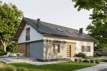 Projekt domu Rectus II - parterowy z poddaszem dom o powierzchni 144,28 m², dach dwuspadowy, koszt budowy 358 000 zł - ujęcie frontu
