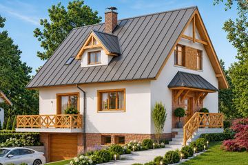 Projekt domu BW-32 wariant 2 (podpiwniczony) - parterowy z poddaszem dom o powierzchni 128,60 m², dach dwuspadowy, koszt budowy 347 000 zł - ujęcie frontu
