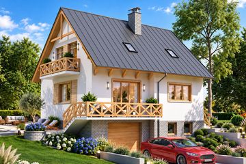 Projekt domu BW-32 wariant 5 podpiwniczony - parterowy z poddaszem dom o powierzchni 114,20 m², dach dwuspadowy, koszt budowy 309 000 zł - ujęcie frontu