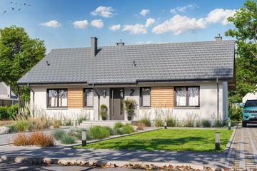 Projekt domu Tracja 2 Teriva - parterowy dom o powierzchni 99,38 m², dach dwuspadowy, koszt budowy 265 000 zł - ujęcie frontu