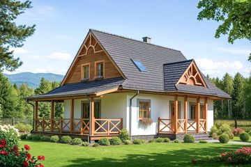 Projekt domu A-149 Dom zdzisław - szkieletowy - parterowy z poddaszem dom o powierzchni 119,40 m², dach dwuspadowy, koszt budowy 285 600 zł - ujęcie frontu