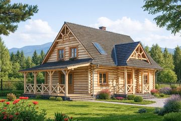 Projekt domu A-149 Dom zdzisław - z bali - parterowy z poddaszem dom o powierzchni 116,80 m², dach dwuspadowy, koszt budowy 324 800 zł - ujęcie frontu