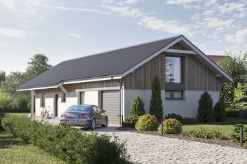 Projekt domu eko Typowy 32 - parterowy dom o powierzchni 116,64 m², dach dwuspadowy, koszt budowy 330 000 zł - ujęcie frontu