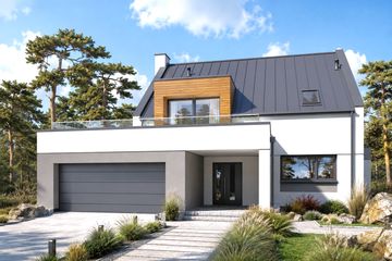 Projekt domu Xavier G2 - parterowy z poddaszem dom o powierzchni 157,78 m², dach dwuspadowy, koszt budowy 403 000 zł - ujęcie frontu