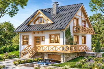 Projekt domu BW-32 wariant 1 (podpiwniczony) - parterowy z poddaszem dom o powierzchni 133,70 m², dach dwuspadowy, koszt budowy 352 000 zł - ujęcie frontu