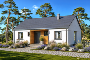 Projekt domu 047 ES domek Pani Darii - parterowy dom o powierzchni 85 m², dach dwuspadowy - ujęcie frontu