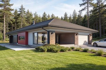 Projekt domu Egon - parterowy dom o powierzchni 176,47 m², dach kopertowy, koszt budowy 486 000 zł - ujęcie frontu