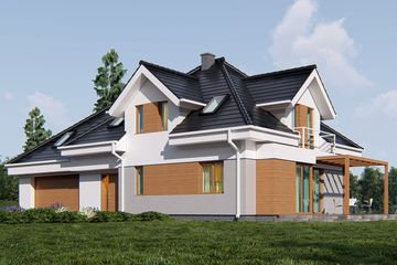 Projekt domu uA44 - parterowy z poddaszem dom o powierzchni 179,70 m², dach kopertowy, koszt budowy 480 000 zł - ujęcie frontu