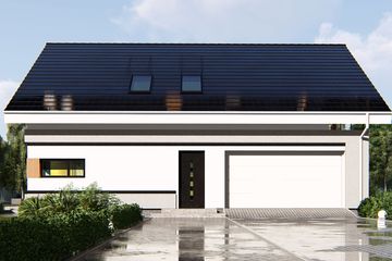 Projekt domu uA25 - parterowy z poddaszem dom o powierzchni 134,48 m², dach dwuspadowy, koszt budowy 362 000 zł - ujęcie frontu
