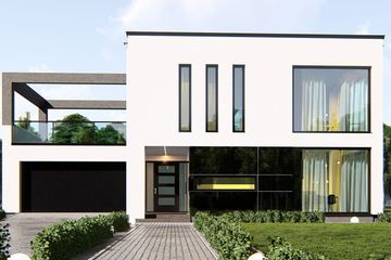 Projekt domu uA22 - z pełnym piętrem dom o powierzchni 198,30 m², dach płaski, koszt budowy 535 000 zł - ujęcie frontu