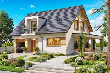 Projekt domu BW-55 wariant 2 - parterowy z poddaszem dom o powierzchni 105,40 m², dach dwuspadowy, koszt budowy 281 000 zł - ujęcie frontu