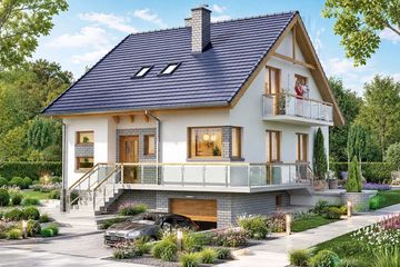 Projekt domu BW-32 wariant 4 podpiwniczony - parterowy z poddaszem dom o powierzchni 130,40 m², dach dwuspadowy, koszt budowy 345 000 zł - ujęcie frontu