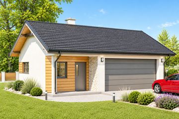 Projekt garażu G53D - parterowy dom o powierzchni 53,69 m², dach dwuspadowy - ujęcie frontu