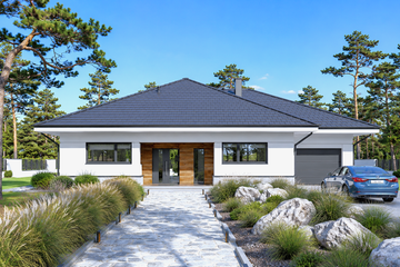 Projekt domu Beno II G1 - parterowy dom o powierzchni 145,80 m², dach kopertowy, koszt budowy 409 000 zł - ujęcie frontu