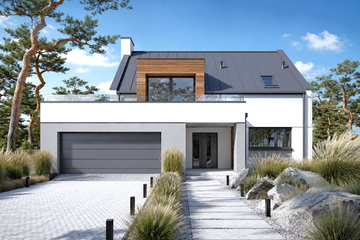 Projekt domu Xavier III G2 - parterowy z poddaszem dom o powierzchni 153,18 m², dach dwuspadowy, koszt budowy 399 000 zł - ujęcie frontu