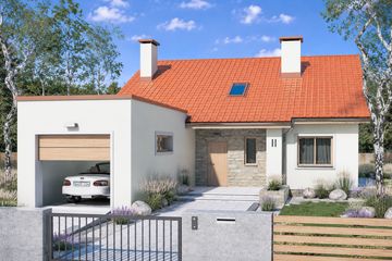 Projekt domu Małgosia 2ee - parterowy z poddaszem dom o powierzchni 143,60 m², dach dwuspadowy, koszt budowy 398 000 zł - ujęcie frontu