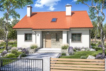 Projekt domu Małgosia 2DD - parterowy z poddaszem dom o powierzchni 143,60 m², dach dwuspadowy, koszt budowy 385 000 zł - ujęcie frontu