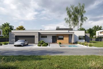 Projekt domu Illecebrosus IV G2 - parterowy dom o powierzchni 174,34 m², dach płaski, koszt budowy 529 000 zł - ujęcie frontu