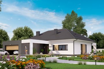 Projekt domu KA22 - parterowy dom o powierzchni 136,49 m², dach wielospadowy, koszt budowy 408 000 zł - ujęcie frontu