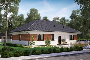 Projekt domu KA21 - parterowy dom o powierzchni 105,98 m², dach kopertowy, koszt budowy 285 000 zł - ujęcie frontu