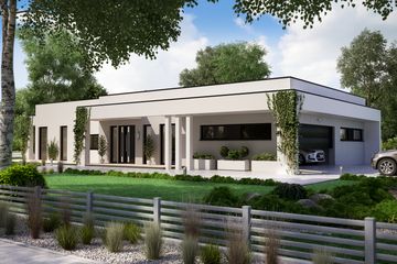 Projekt domu KA51 - parterowy dom o powierzchni 161,13 m², dach płaski, koszt budowy 498 000 zł - ujęcie frontu