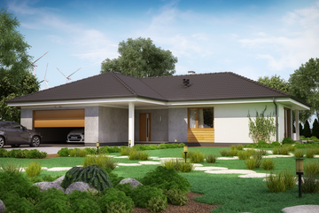 Projekt domu KA40 - parterowy dom o powierzchni 130,93 m², dach wielospadowy, koszt budowy 372 000 zł - ujęcie frontu