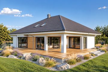 Projekt domu Tanita II G2 01 energo - parterowy z poddaszem dom o powierzchni 281,56 m², dach kopertowy, koszt budowy 841 000 zł - ujęcie frontu