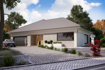 Projekt domu KA56 SZ - parterowy dom o powierzchni 156,41 m², dach kopertowy - ujęcie frontu