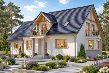 Projekt domu BS-12 wariant 1 dwulokalowy - parterowy z poddaszem dom o powierzchni 206,40 m², dach dwuspadowy - ujęcie frontu