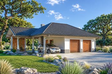 Projekt garażu G25 w. IV - parterowy dom o powierzchni 43,95 m², dach kopertowy, koszt budowy 63 424 zł - ujęcie frontu