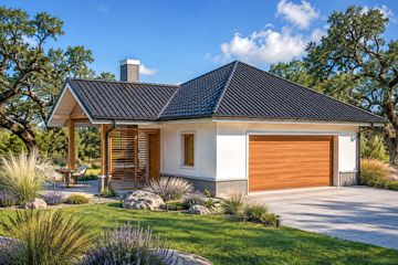 Projekt garażu G25 w. III - parterowy dom o powierzchni 43,95 m², dach namiotowy, koszt budowy 55 029 zł - ujęcie frontu