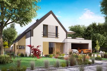 Projekt domu KA57 - parterowy z poddaszem dom o powierzchni 216,14 m², dach dwuspadowy, koszt budowy 548 000 zł - ujęcie frontu
