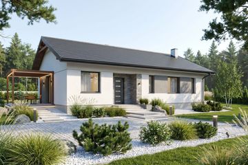 Projekt domu Basicus I - parterowy dom o powierzchni 85,03 m², dach dwuspadowy, koszt budowy 278 000 zł - ujęcie frontu