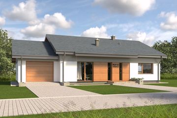 Projekt domu TK61G - parterowy dom o powierzchni 151,21 m², dach dwuspadowy, koszt budowy 466 000 zł - ujęcie frontu