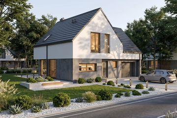 Projekt domu Prudens I G1 - parterowy z poddaszem dom o powierzchni 98,48 m², dach dwuspadowy, koszt budowy 252 000 zł - ujęcie frontu
