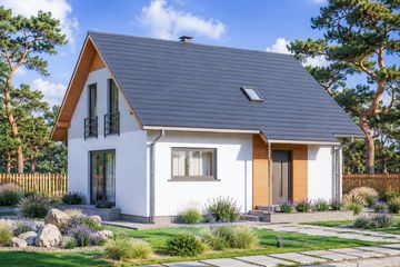 Projekt domu Domek Nieduży MINI ET (010 ET MINI) - parterowy z poddaszem dom o powierzchni 97,48 m², dach dwuspadowy, koszt budowy 252 000 zł - ujęcie frontu