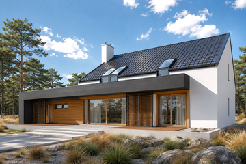 Projekt domu EX 18 G2 soft - parterowy z poddaszem dom o powierzchni 212,41 m², dach dwuspadowy, koszt budowy 554 000 zł - ujęcie frontu
