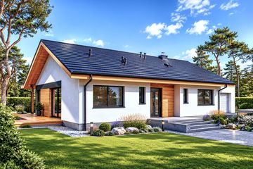 Projekt domu Mini 4 w. II G1 energo - parterowy dom o powierzchni 122,90 m², dach dwuspadowy, koszt budowy 352 000 zł - ujęcie frontu