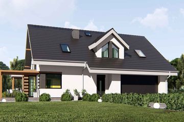 Projekt domu uA33 - parterowy z poddaszem dom o powierzchni 160,60 m², dach dwuspadowy, koszt budowy 430 000 zł - ujęcie frontu